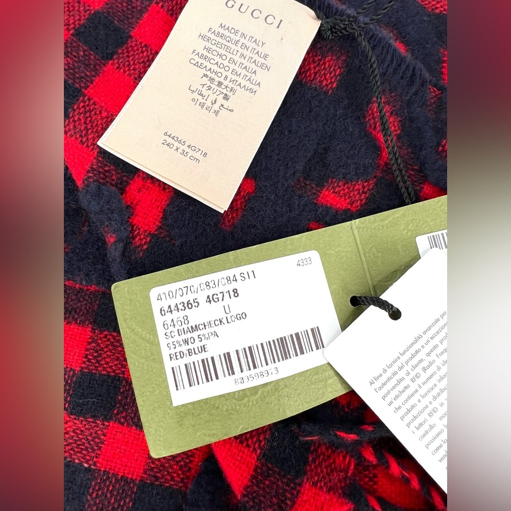 Gucci 644365 Red Blue Wool Jacquard Check GG Diamcheck Logo UNISEX Fringe Scarf - Picture 12 of 12